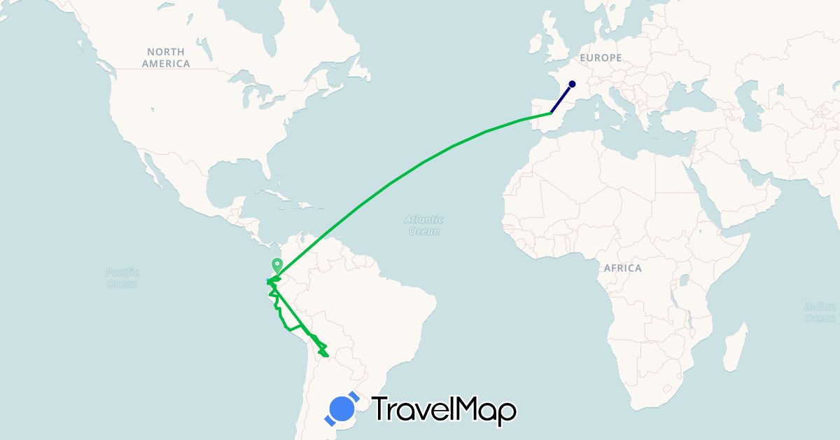 TravelMap itinerary: driving, bus, boat in Bolivia, Ecuador, Spain, France, Peru (Europe, South America)